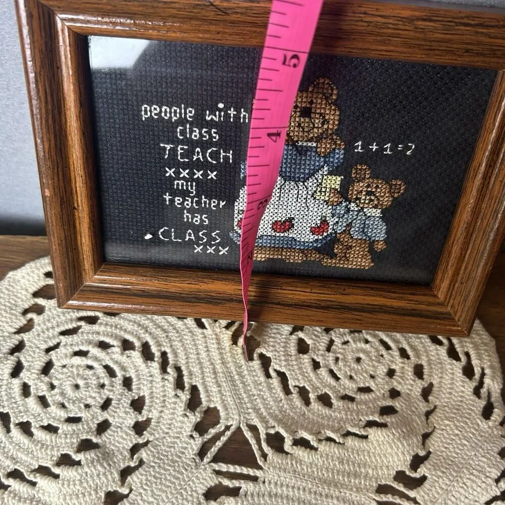 VTG Framed Cross Stitch Bears Teacher School Country‎ Cottagecore Academia